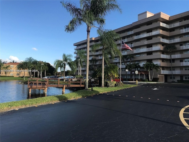 view of building exterior featuring a water view