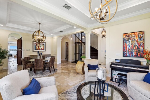 living room featuring a chandelier, crown molding, beamed ceiling, and coffered ceiling