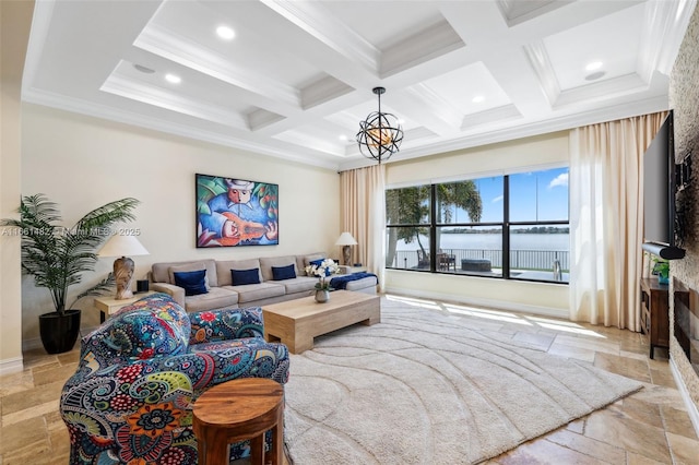 living room with an inviting chandelier, ornamental molding, coffered ceiling, and beamed ceiling