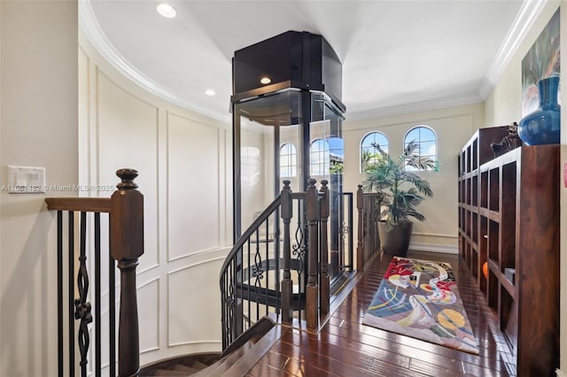 hallway featuring dark hardwood / wood-style flooring and ornamental molding