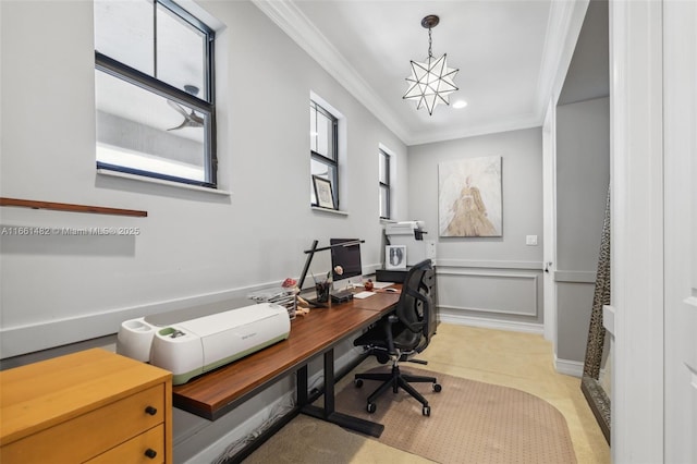 home office featuring ornamental molding and an inviting chandelier