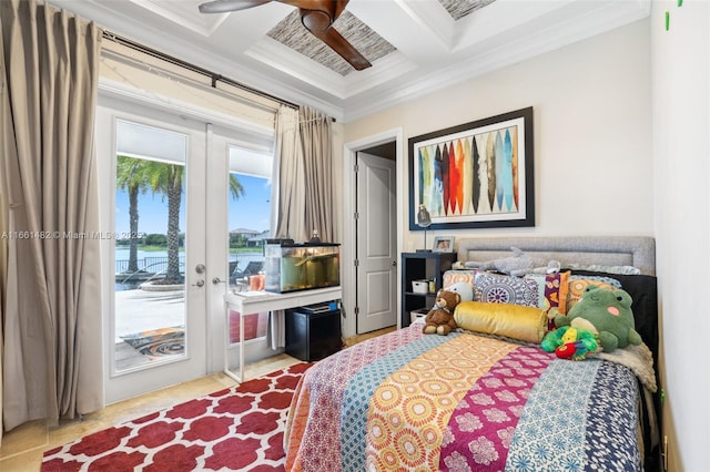 bedroom with ceiling fan, coffered ceiling, a water view, ornamental molding, and access to exterior