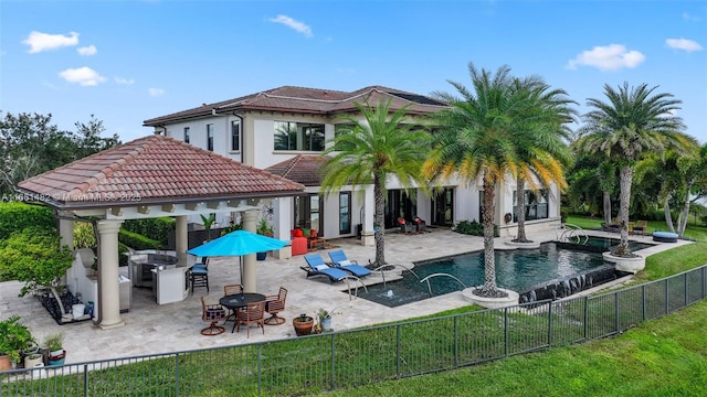 view of swimming pool featuring a gazebo, area for grilling, a patio area, and a lawn