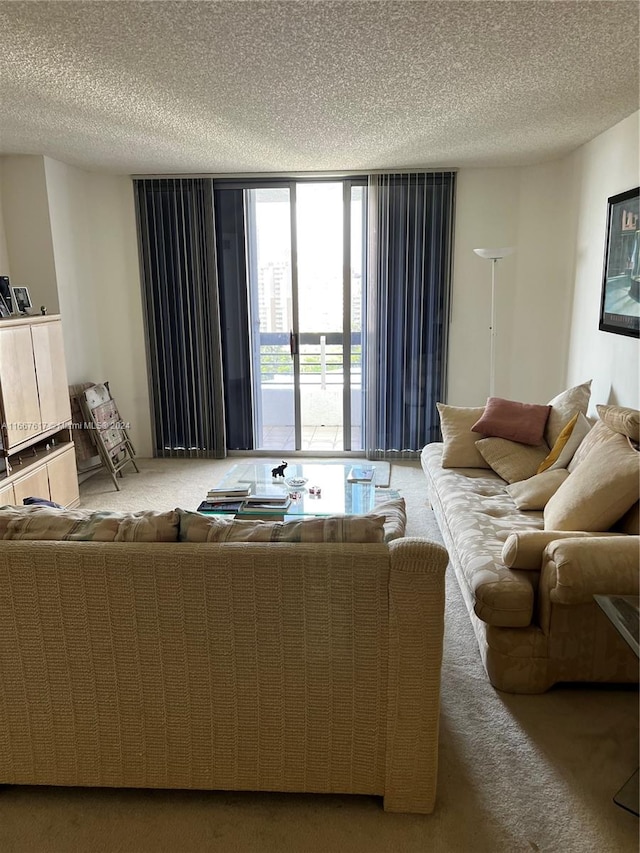 carpeted living room with a textured ceiling and floor to ceiling windows