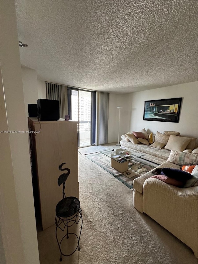 living room with a textured ceiling and carpet flooring