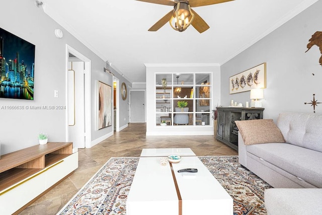 living room with ceiling fan and crown molding