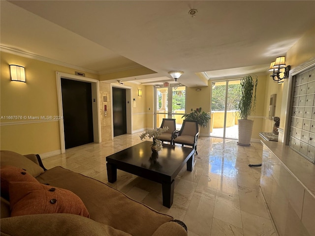 living room featuring elevator and crown molding