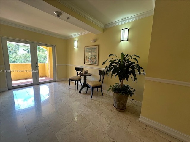 living area with french doors and ornamental molding