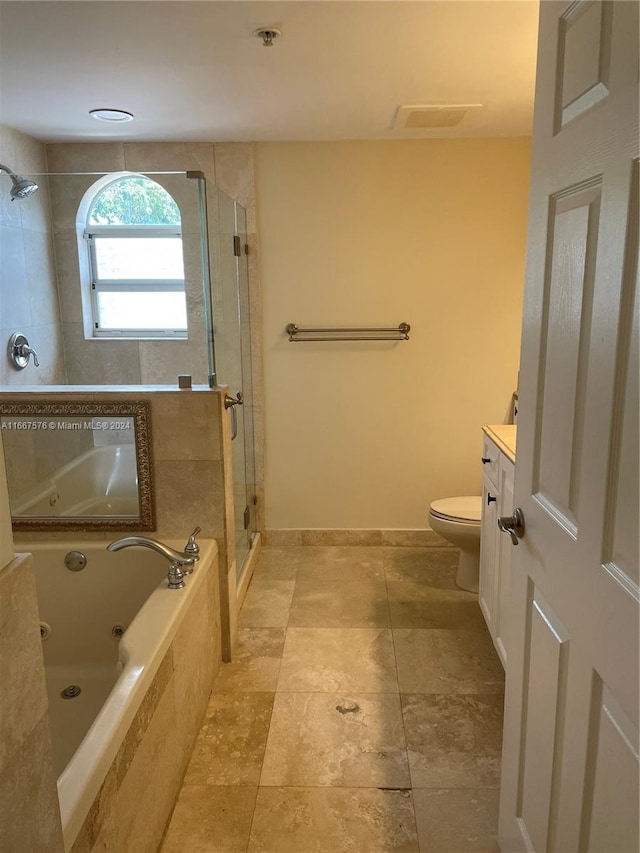 full bathroom with separate shower and tub, vanity, and toilet