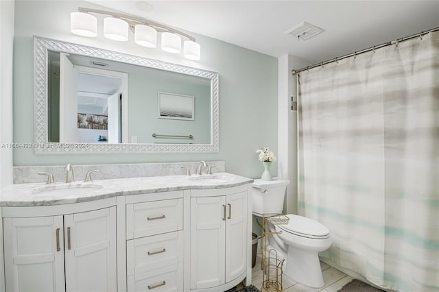 bathroom with walk in shower, vanity, toilet, and tile patterned floors