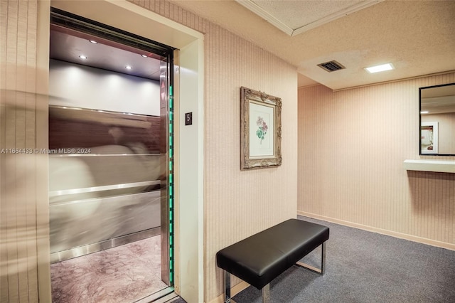 hallway with a textured ceiling, carpet, and elevator