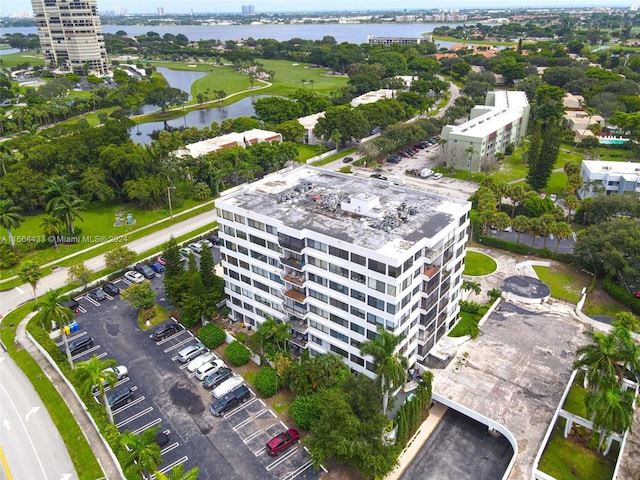 bird's eye view with a water view