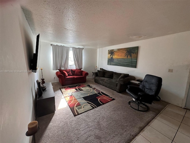 tiled living room with a textured ceiling