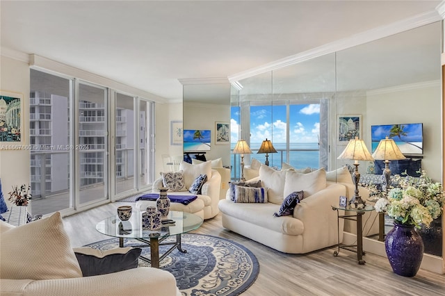 living room with hardwood / wood-style flooring and crown molding