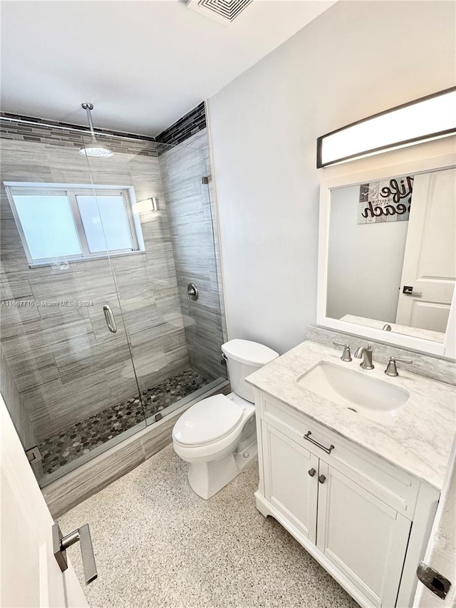 bathroom featuring toilet, vanity, and walk in shower