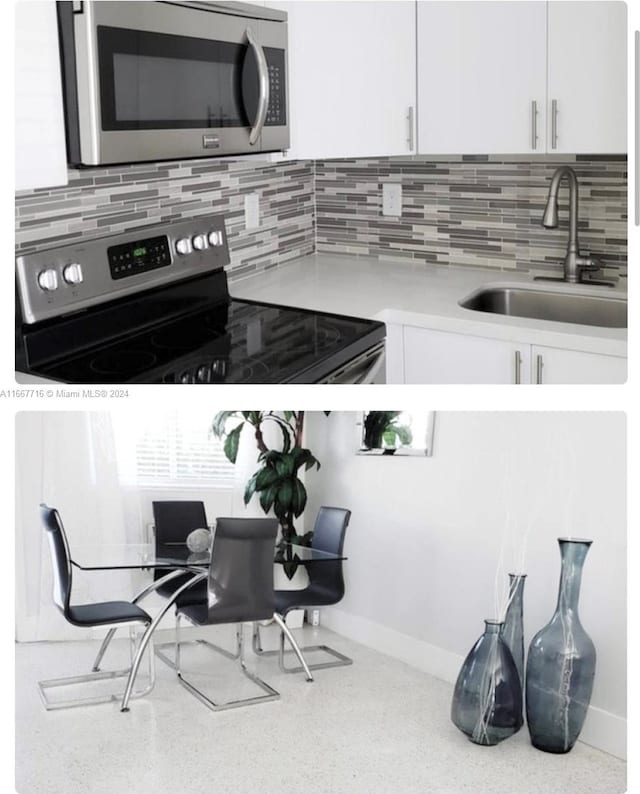 kitchen with tasteful backsplash, white cabinetry, and sink