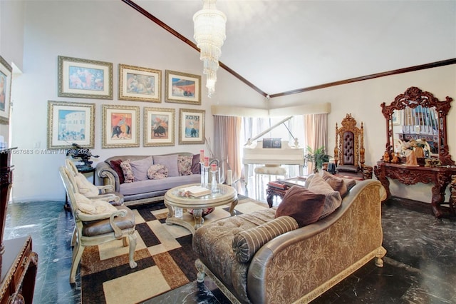 living room with crown molding, high vaulted ceiling, and a chandelier