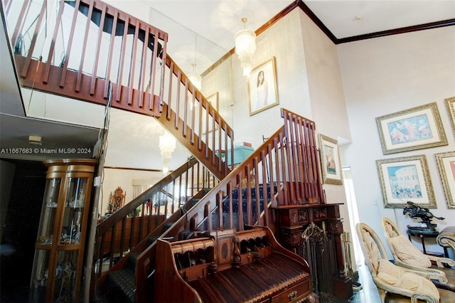 stairs featuring a high ceiling and crown molding