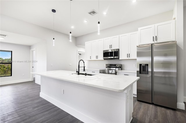 kitchen featuring a center island with sink, sink, white cabinets, and stainless steel appliances