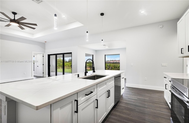 kitchen with sink, an island with sink, white cabinetry, stainless steel appliances, and dark hardwood / wood-style floors