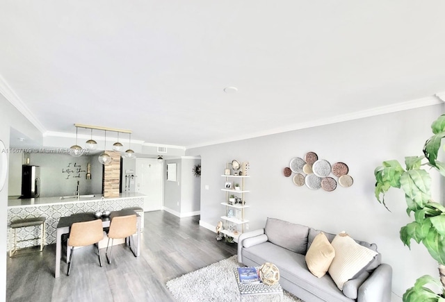 living room with sink, hardwood / wood-style floors, and ornamental molding