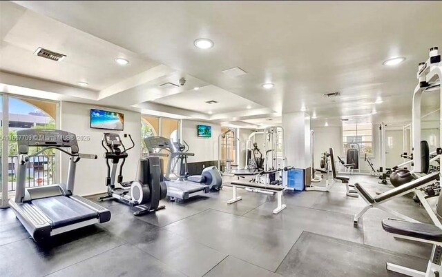 workout area with light wood-type flooring and a tray ceiling