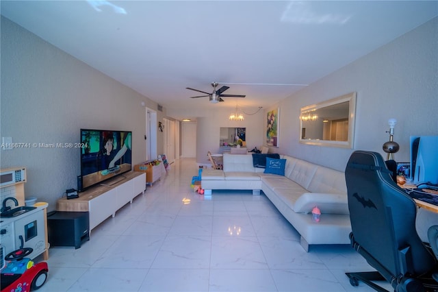 living room featuring ceiling fan