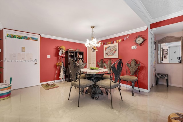 dining area with an inviting chandelier and ornamental molding