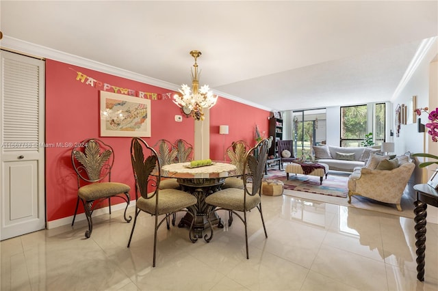 dining space with crown molding, light tile patterned floors, and a chandelier