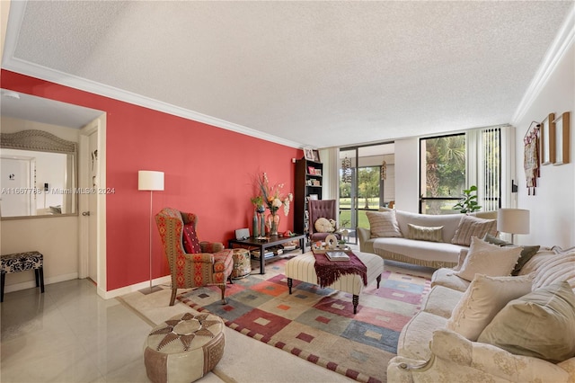 living room with a textured ceiling, crown molding, and expansive windows