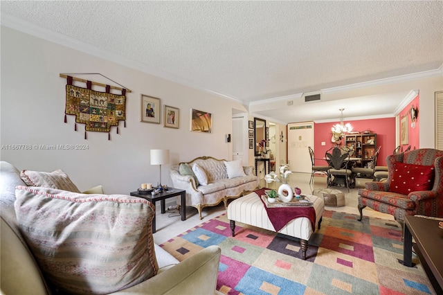 living room featuring carpet flooring, an inviting chandelier, ornamental molding, and a textured ceiling