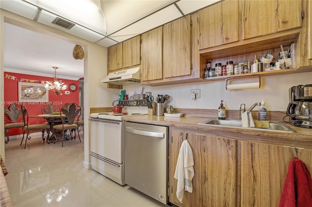 kitchen featuring pendant lighting, sink, ornamental molding, a chandelier, and stainless steel appliances