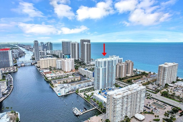 drone / aerial view with a water view