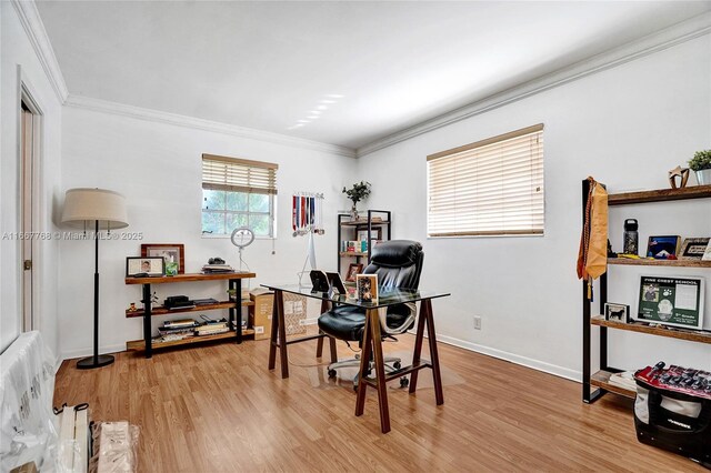 office area with hardwood / wood-style floors and crown molding