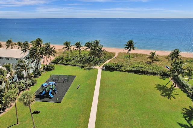 bird's eye view with a view of the beach and a water view