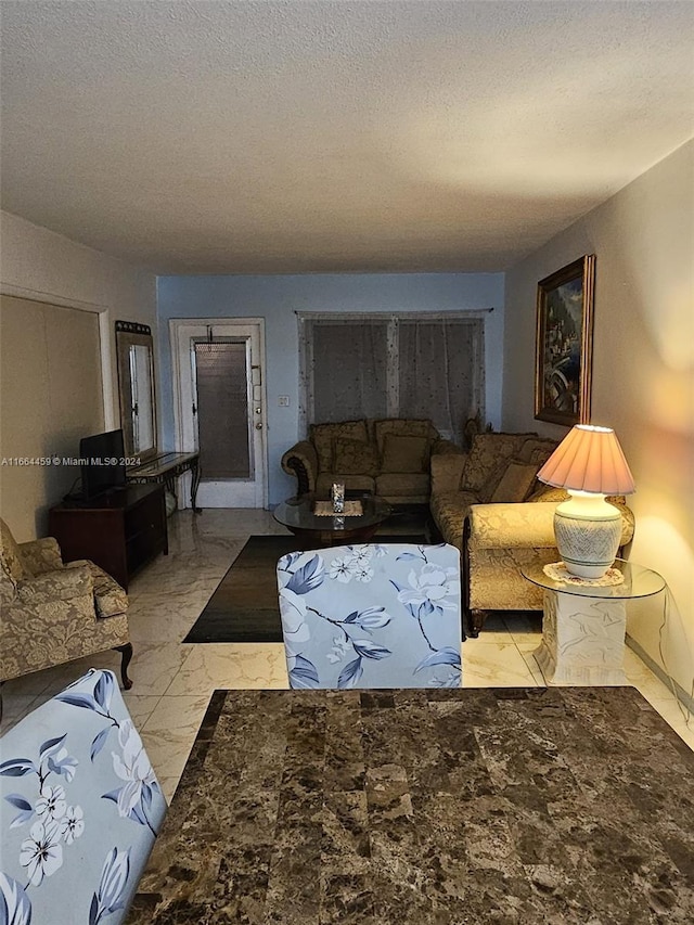 living room featuring a textured ceiling