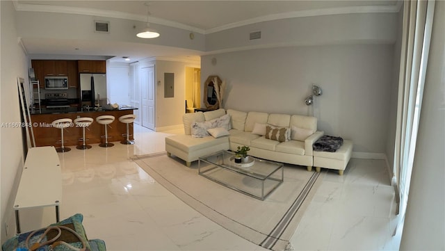 living room featuring electric panel and crown molding