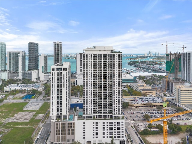 bird's eye view with a water view