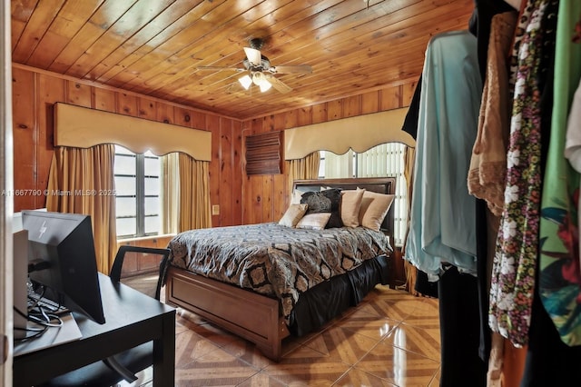 bedroom featuring wood ceiling and wooden walls