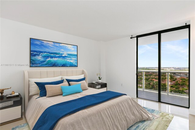 bedroom featuring access to exterior, light tile patterned flooring, and floor to ceiling windows