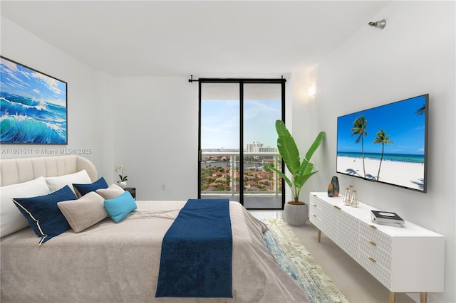 bedroom featuring access to exterior and a wall of windows