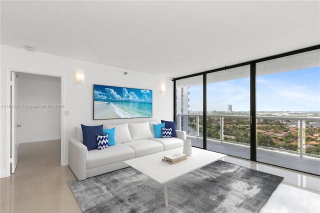 living room with a wall of windows