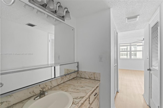 bathroom with hardwood / wood-style flooring, vanity, and a textured ceiling