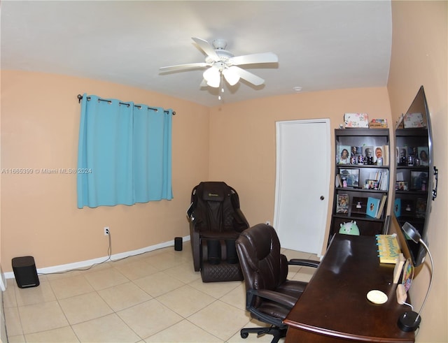 office space with ceiling fan and light tile patterned floors