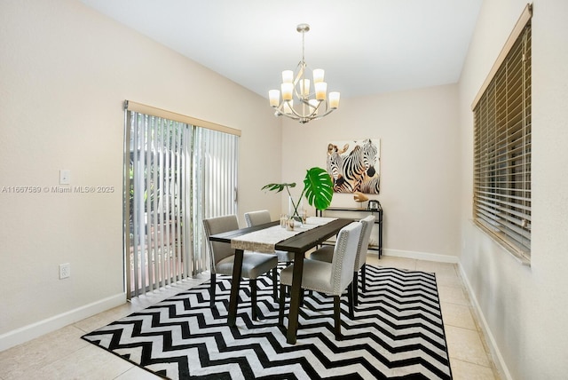 dining room with a notable chandelier and light tile patterned flooring