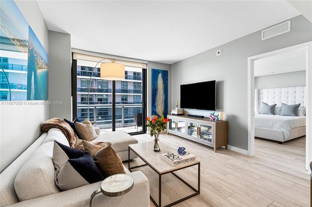 living room with light hardwood / wood-style flooring and floor to ceiling windows