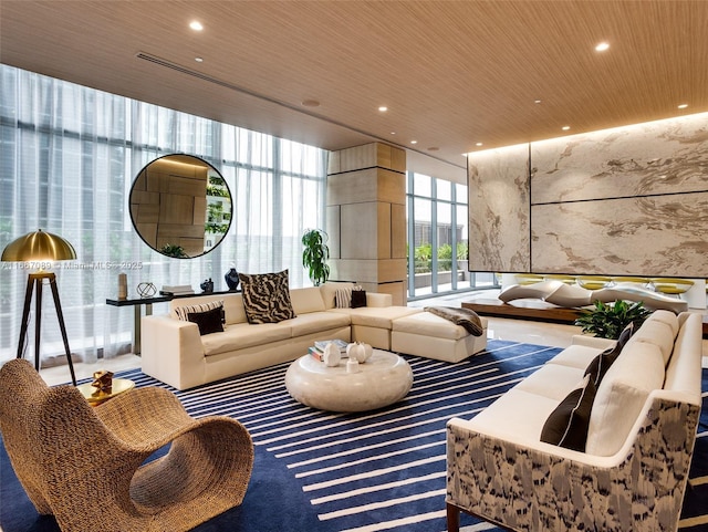 45 SW 9th St Unit 4007, Miami, FL 33130 - common area featuring wood ceiling, wallpapered walls, and recessed lighting