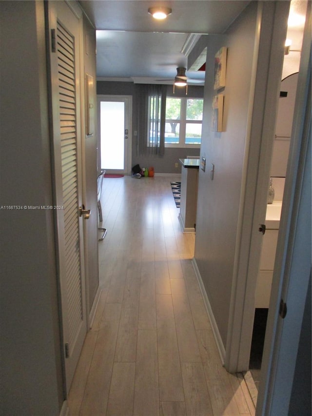 hallway featuring crown molding and light hardwood / wood-style flooring