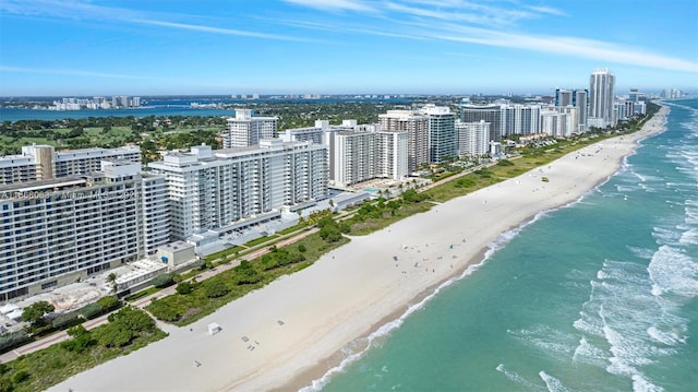 birds eye view of property with a water view and a beach view