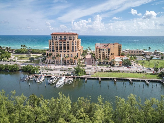 bird's eye view with a water view